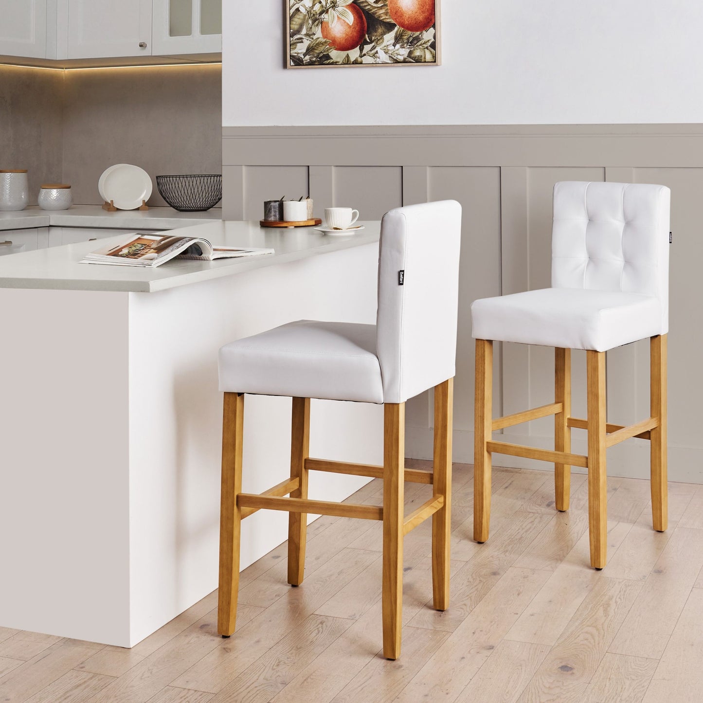 Set Of 2 Off White Faux Leather Bar Stools With Backrest