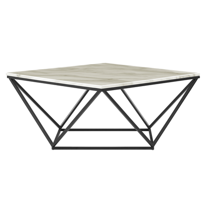 Marble Coffee Table Beige Tabletop Black Metal Base 80 x 80cm