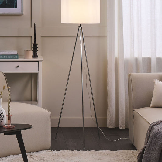 Floor Lamp Silver Tripod 148cm With White Drum Shade