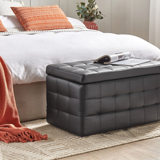 Black Faux Leather Tufted Ottoman Bench With Storage