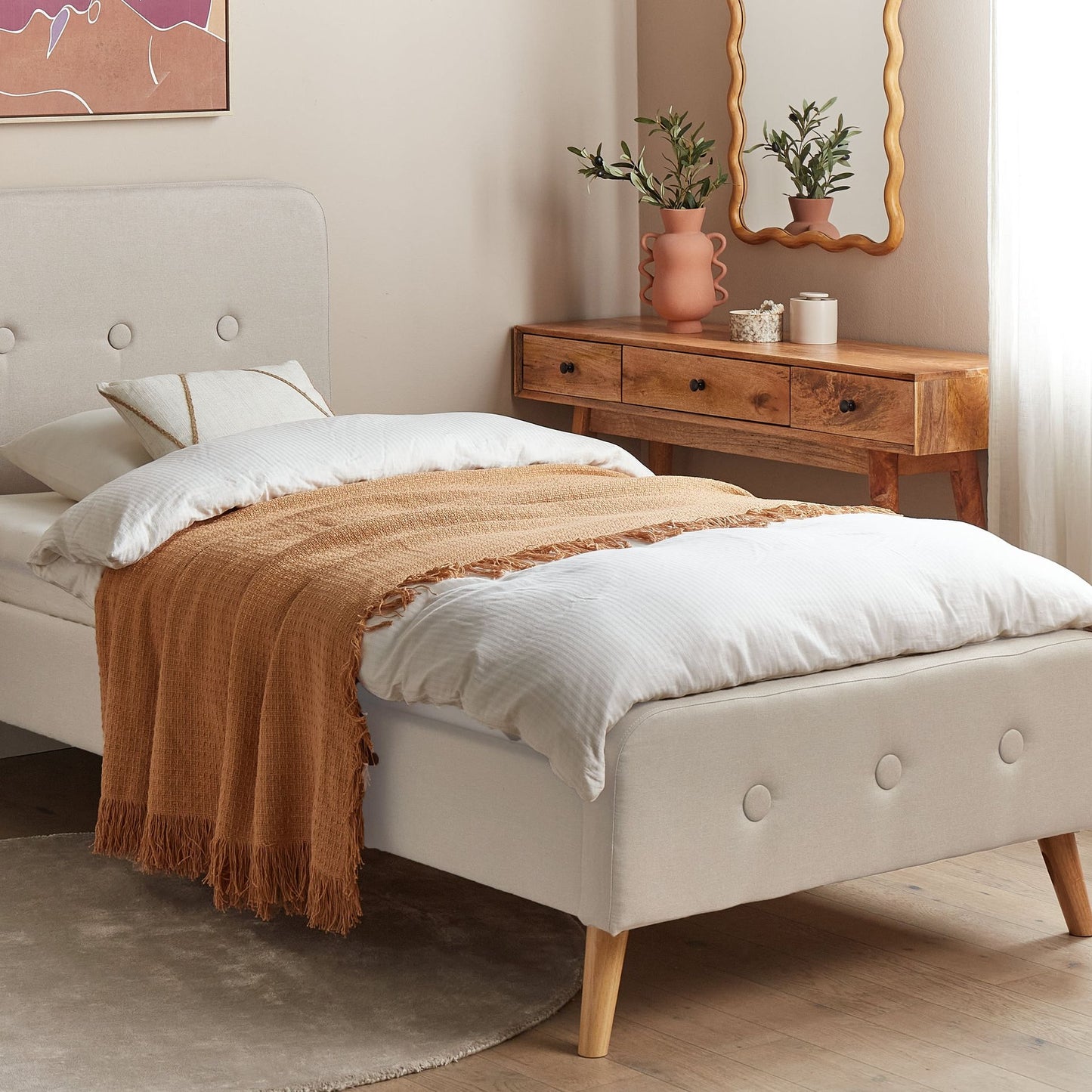 Beige Slatted Bed Frame With Linen Upholstery And Wooden Legs 3ft EU Single Modern Design