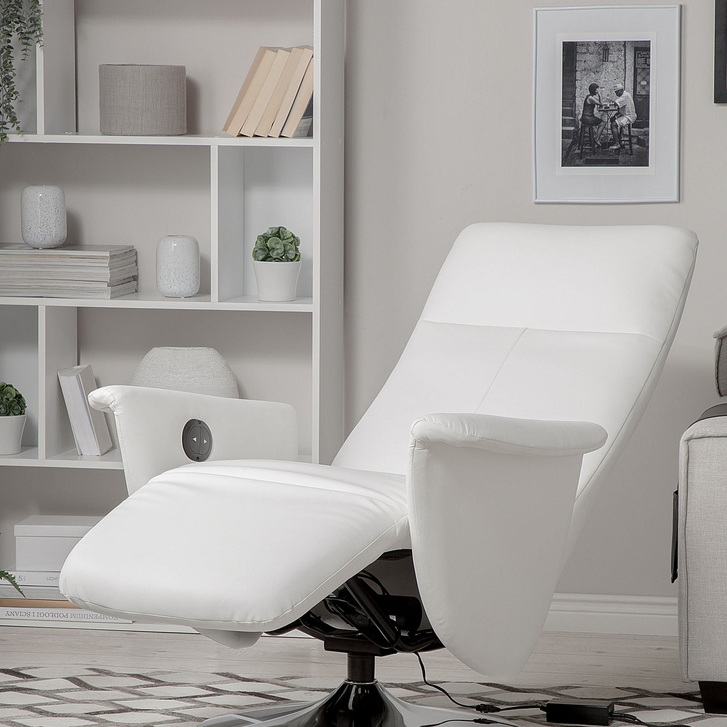 Reclining Armchair White Faux Leather With Pull-Out Ottoman