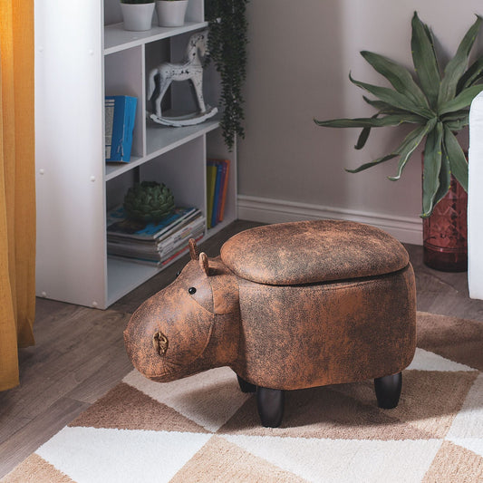 Animal Hippo Kids Stool With Storage Brown Faux Leather Wooden Legs