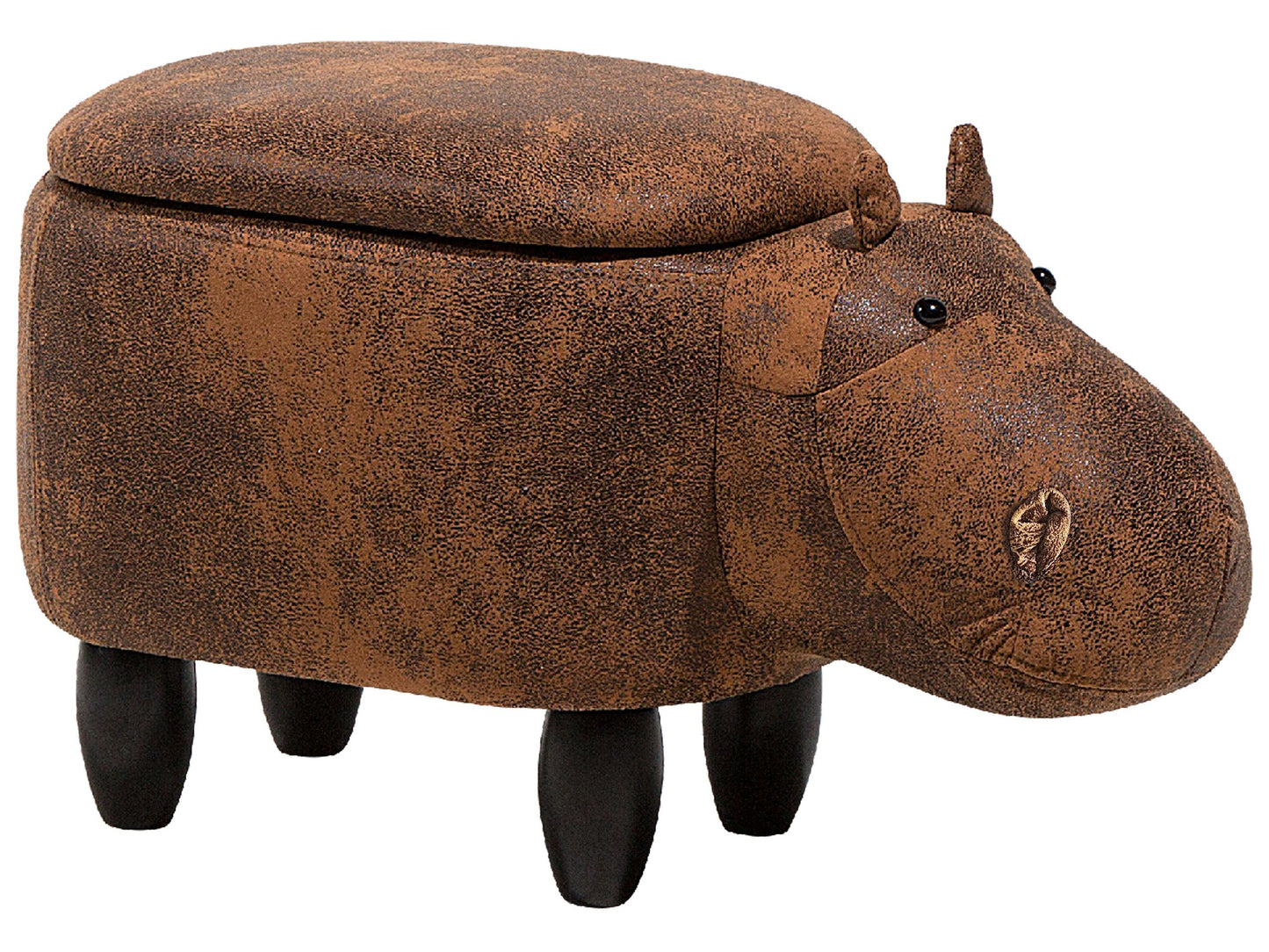 Animal Hippo Kids Stool With Storage Brown Faux Leather Wooden Legs