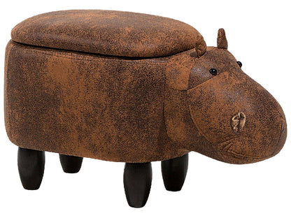 Animal Hippo Kids Stool With Storage Brown Faux Leather Wooden Legs