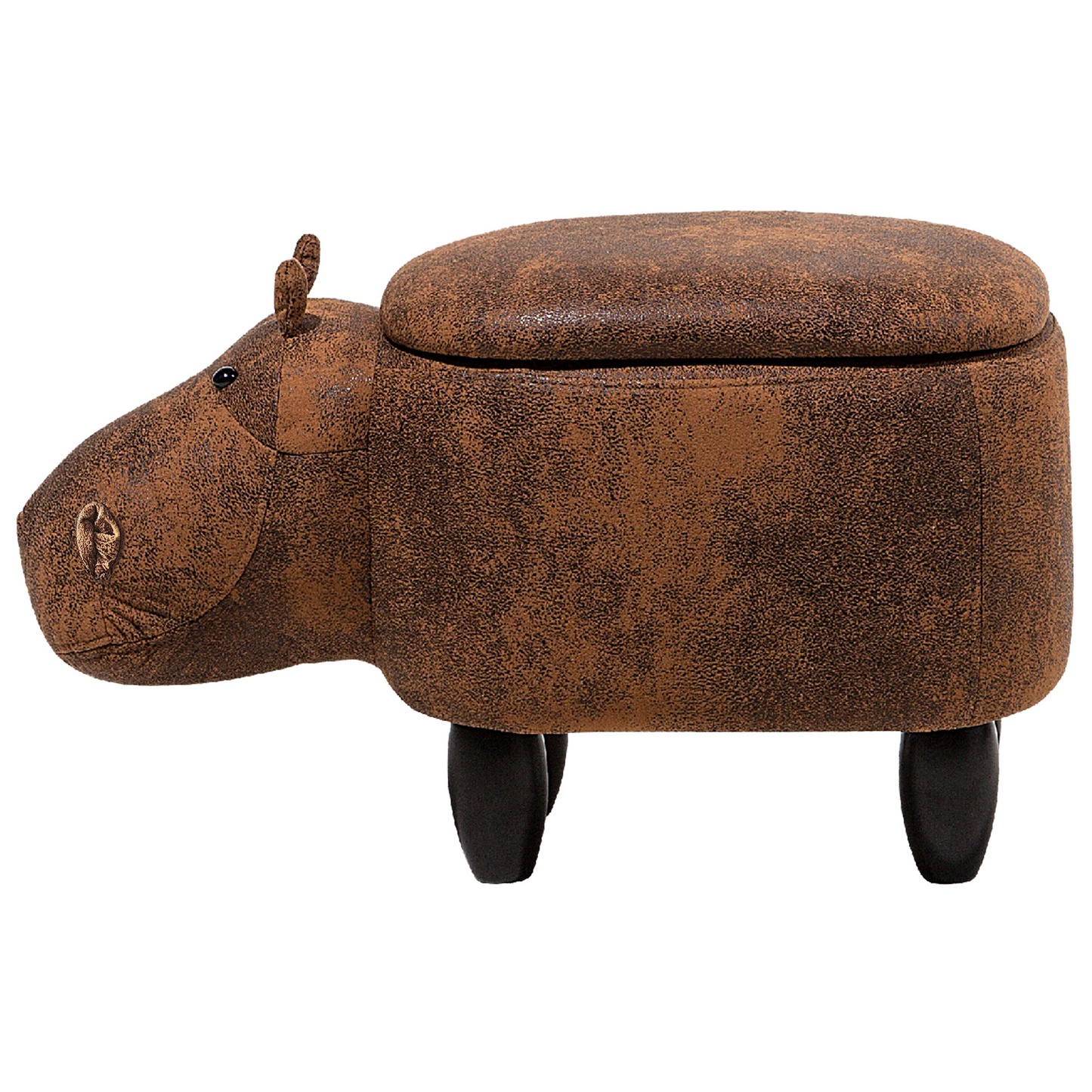 Animal Hippo Kids Stool With Storage Brown Faux Leather Wooden Legs