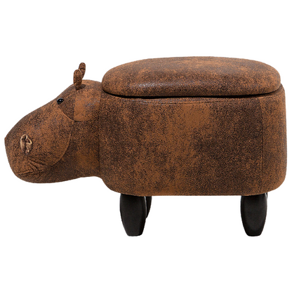 Animal Hippo Kids Stool With Storage Brown Faux Leather Wooden Legs