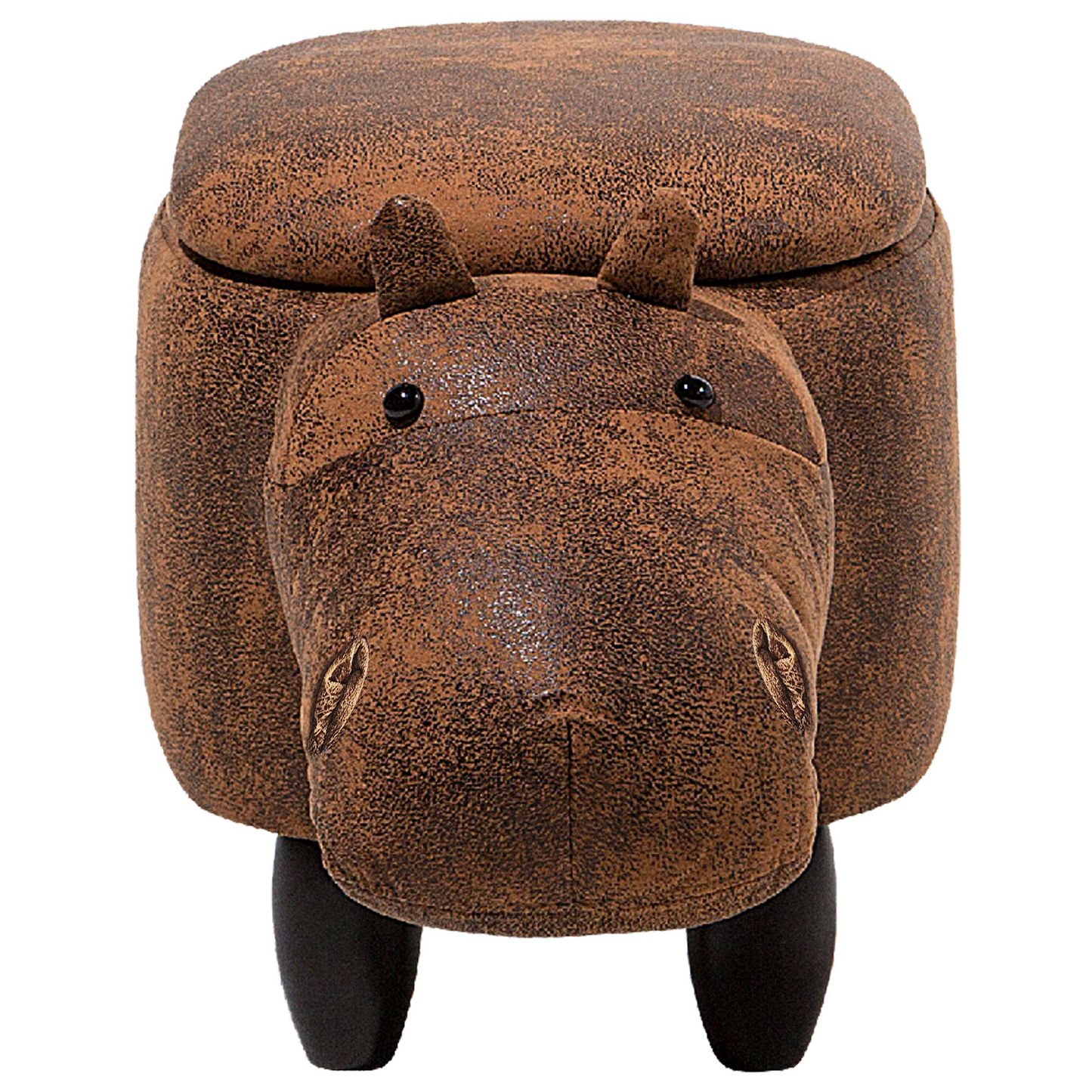 Animal Hippo Kids Stool With Storage Brown Faux Leather Wooden Legs