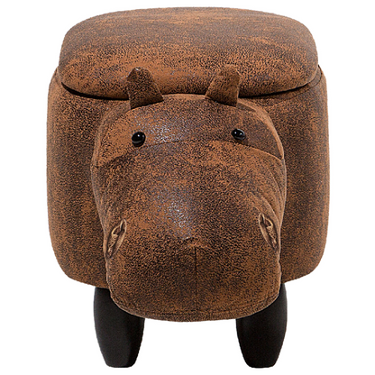 Animal Hippo Kids Stool With Storage Brown Faux Leather Wooden Legs