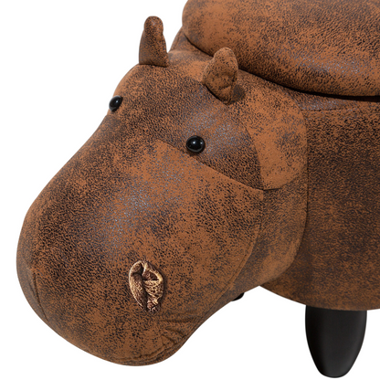 Animal Hippo Kids Stool With Storage Brown Faux Leather Wooden Legs