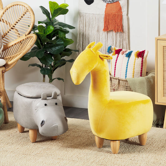 BrightNest Hippo Kids Stool With Storage Light Grey Faux Leather And Wooden Legs Nursery Footstool