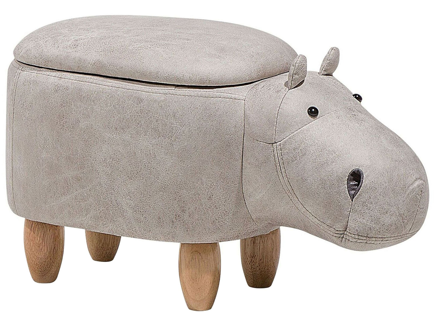 Hippo Kids Stool With Storage Light Grey Faux Leather And Wooden Legs Nursery Footstool