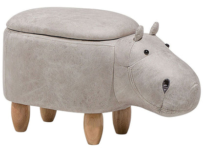 Hippo Kids Stool With Storage Light Grey Faux Leather And Wooden Legs Nursery Footstool