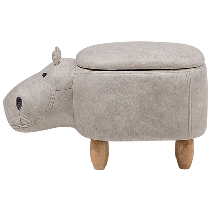 Hippo Kids Stool With Storage Light Grey Faux Leather And Wooden Legs Nursery Footstool