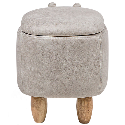 Hippo Kids Stool With Storage Light Grey Faux Leather And Wooden Legs Nursery Footstool