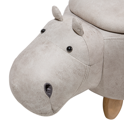 Hippo Kids Stool With Storage Light Grey Faux Leather And Wooden Legs Nursery Footstool