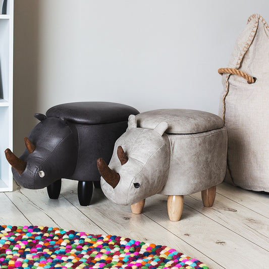 NookNest Rhino Stool With Storage Light Grey Faux Leather Wood Legs