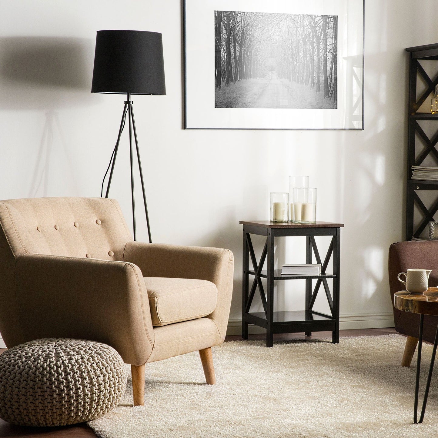Side Table Black 40 x 40cm 2-Tier Storage Shelves Minimalist Scandinavian
