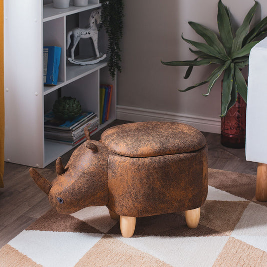 Animal Rhino Children Stool With Storage Brown Faux Leather Wood Legs