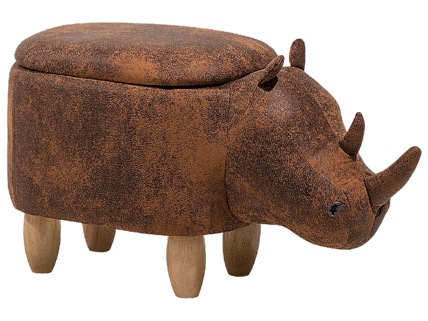 Animal Rhino Children Stool With Storage Brown Faux Leather Wood Legs
