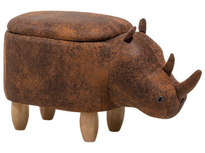 Animal Rhino Children Stool With Storage Brown Faux Leather Wood Legs