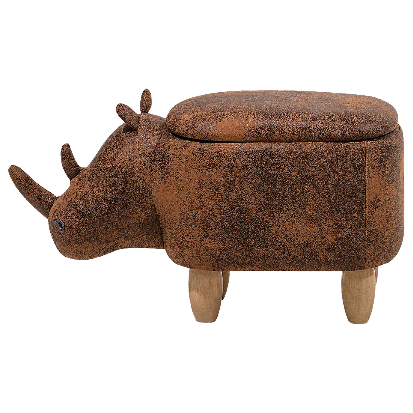 Animal Rhino Children Stool With Storage Brown Faux Leather Wood Legs