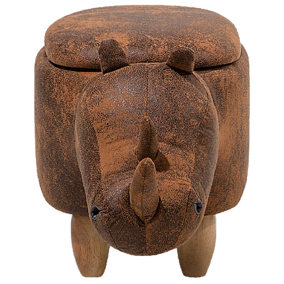 Animal Rhino Children Stool With Storage Brown Faux Leather Wood Legs