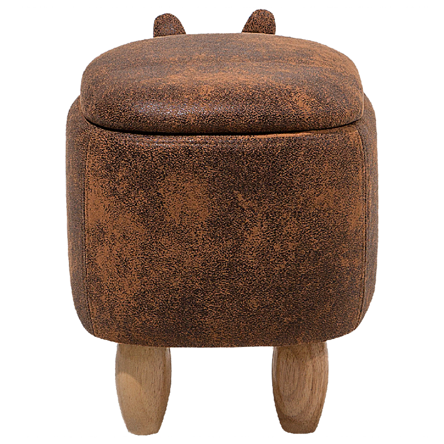 Animal Rhino Children Stool With Storage Brown Faux Leather Wood Legs
