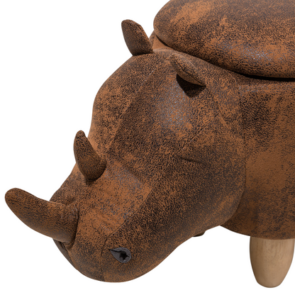 Animal Rhino Children Stool With Storage Brown Faux Leather Wood Legs
