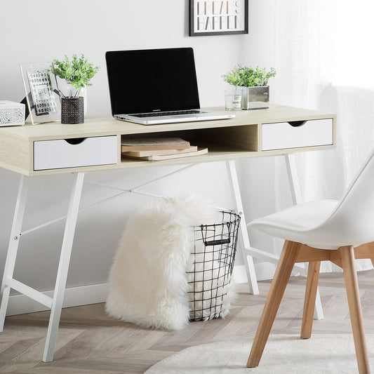 Office Desk 120 x 48cm Brown White With 2 Drawers