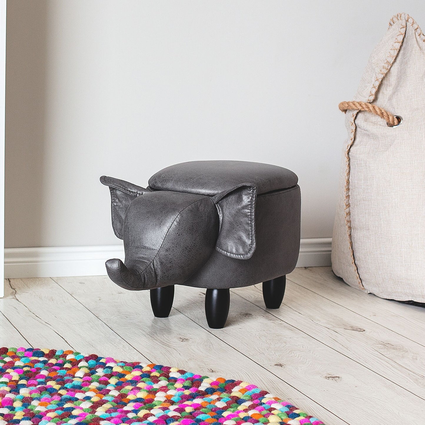 Elephant Storage Kids Stool Dark Grey Faux Leather