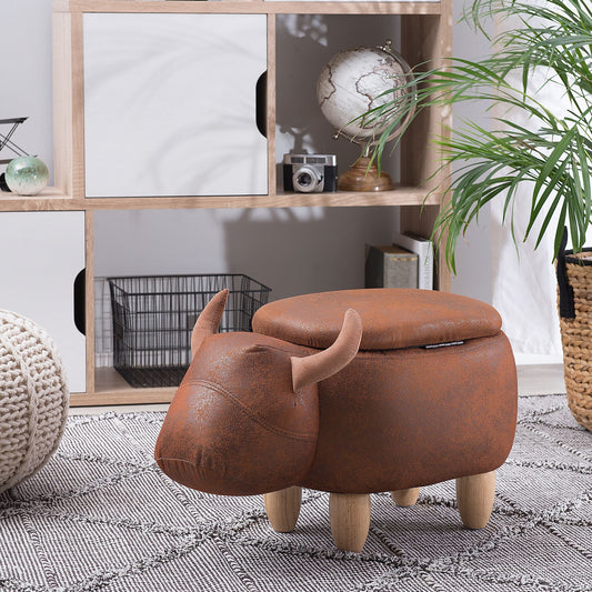 KidzCove Cow Stool With Storage Brown Faux Leather Wooden Legs