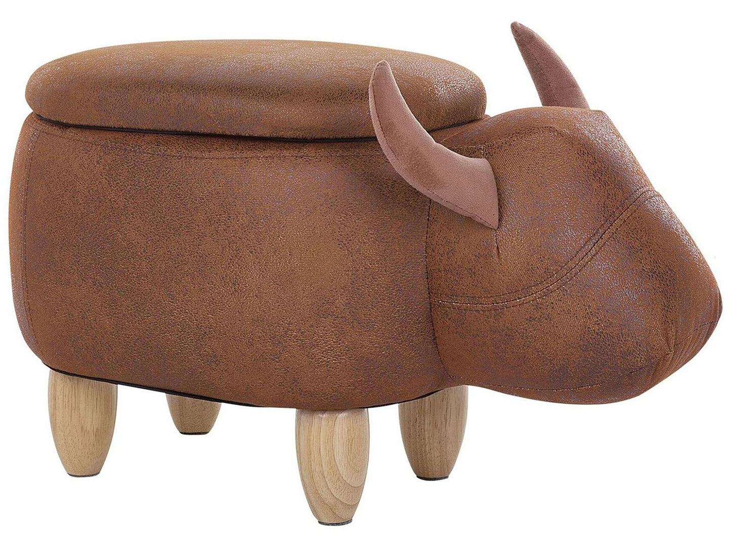Cow Stool With Storage Brown Faux Leather Wooden Legs
