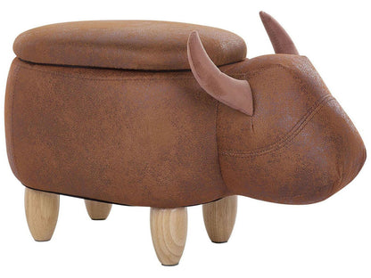 Cow Stool With Storage Brown Faux Leather Wooden Legs