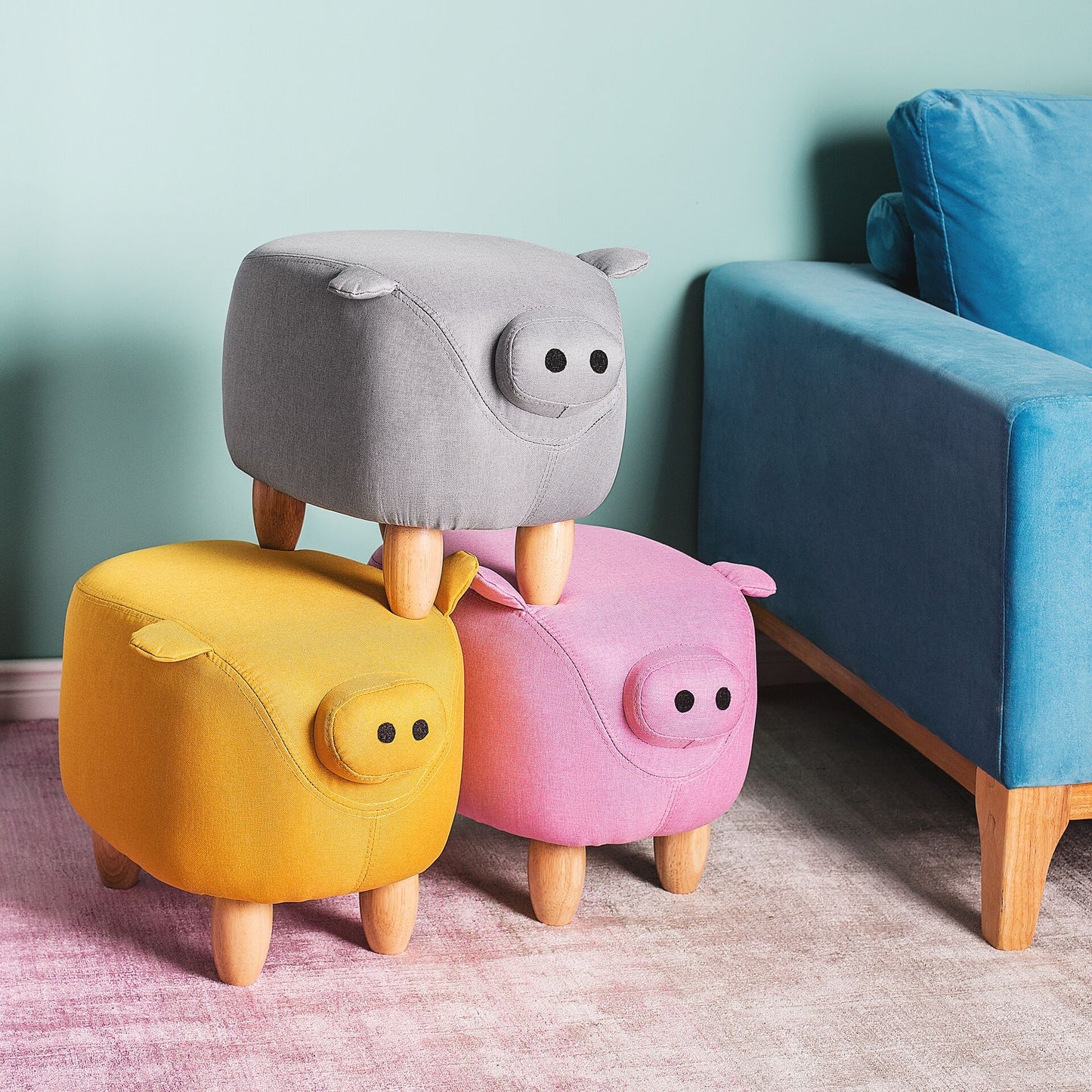 Pig Shaped Kids Stool Grey Fabric With Wooden Legs