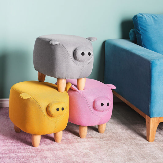 CosyNest Pig Shaped Kids Stool Grey Fabric With Wooden Legs