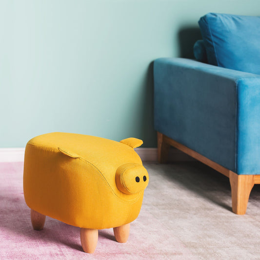 Animal Pig Kids Stool Yellow Fabric Wooden Legs Nursery Footstool