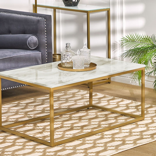 Coffee Table Beige Marble Effect Gold Legs 100 x 60cm