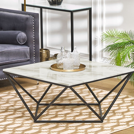 Marble Coffee Table Beige Tabletop Black Metal Base 80 x 80cm