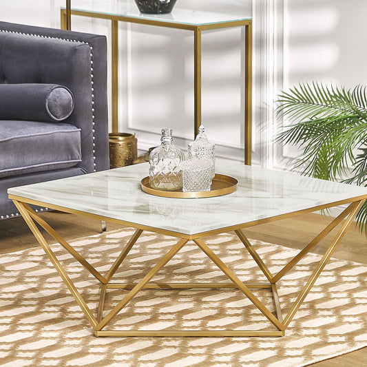 Coffee Table Beige Marble Finish Gold Metal Base 80 x 80cm