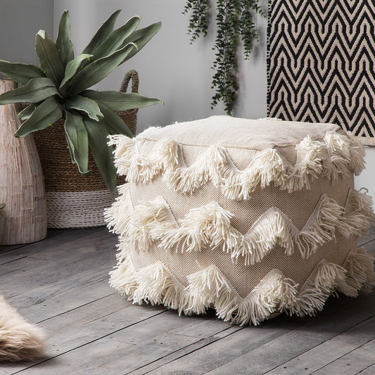 Pouffe Beige Cotton Threads Tassels Boho Rustic Decor