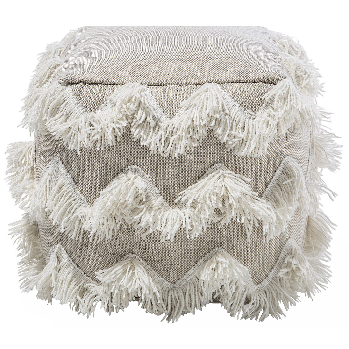 Pouffe Beige Cotton Threads Tassels Boho Rustic Decor