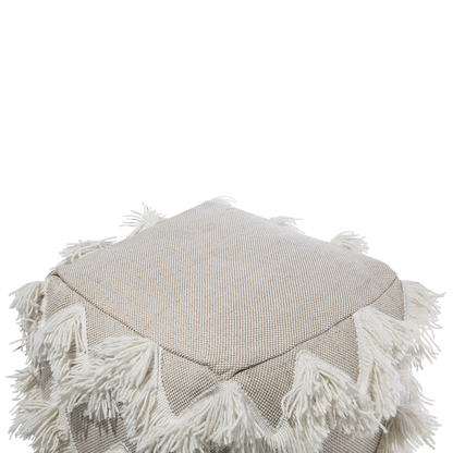 Pouffe Beige Cotton Threads Tassels Boho Rustic Decor