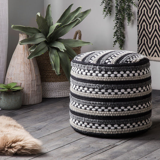 Pouffe Black And White Cotton Wool Braided Macram? Handwoven Boho Rustic