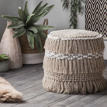 Pouffe Beige Cotton Tassels And Knots Moroccan Rustic Footstool Decorative