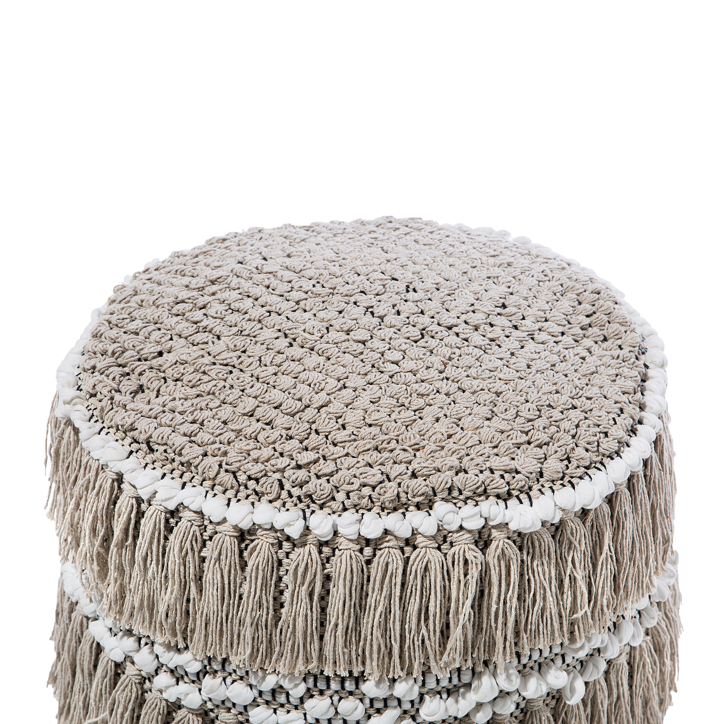Pouffe Beige Cotton Tassels And Knots Moroccan Rustic Footstool Decorative