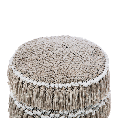 Pouffe Beige Cotton Tassels And Knots Moroccan Rustic Footstool Decorative