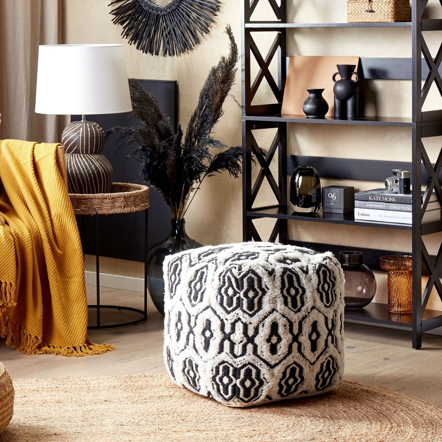 Boho Wool Cotton Pouffe 45 x 45 Black and White