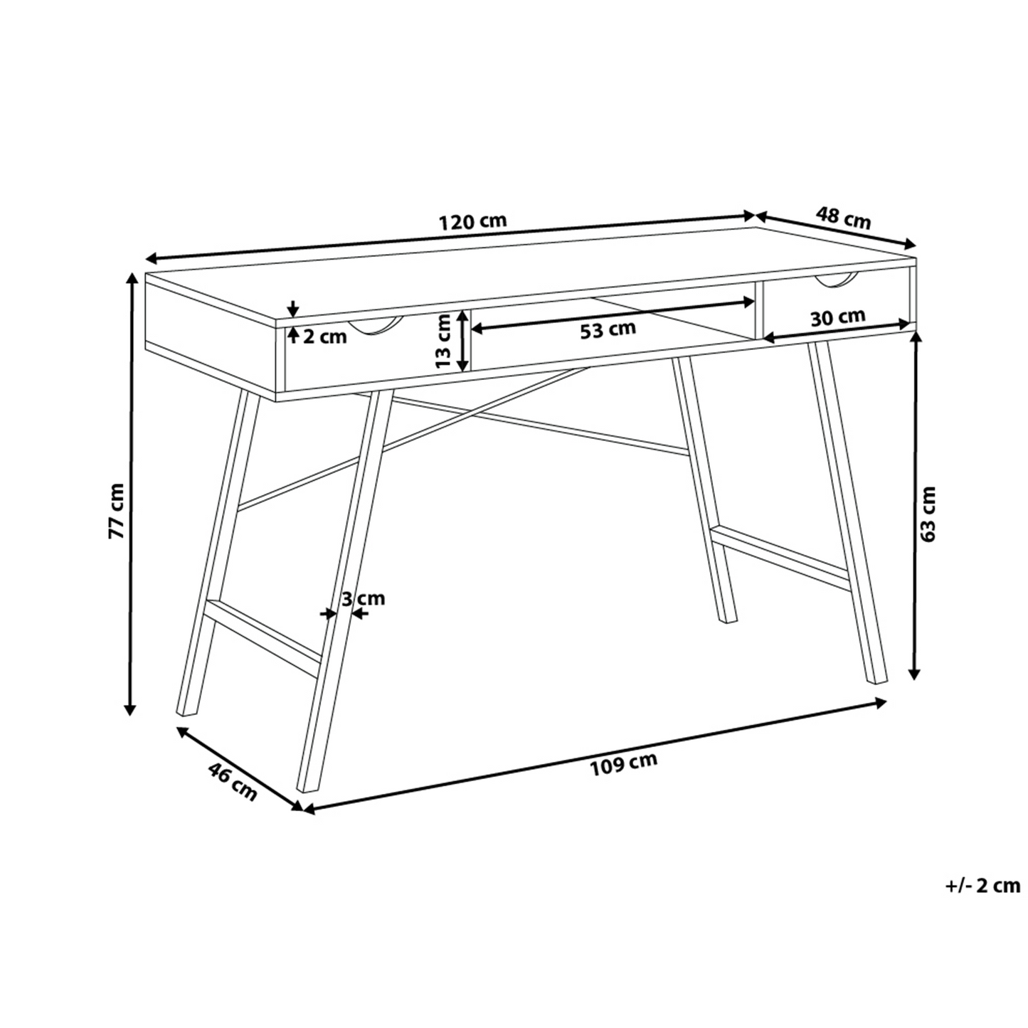 Office Desk 120 x 48cm Brown White With 2 Drawers