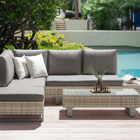 Corner Sofa Garden Set Beige Faux Rattan 5 Seater With Grey Cushions And Coffee Table
